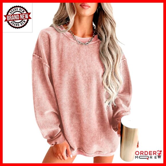 Tops - Oversized Corduroy Crewneck Sweatshirt Long Sleeve Pullover Top